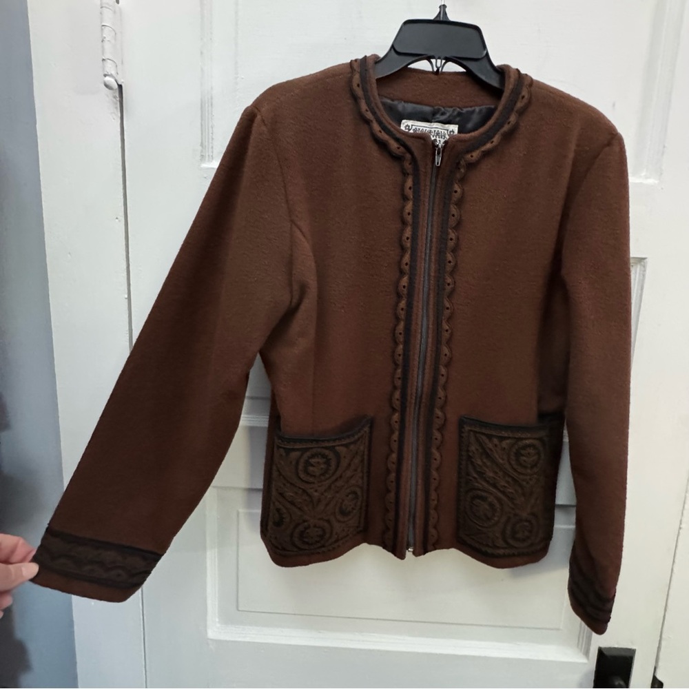 Boiled Wool Folk Jacket LANYA Women’s Small Brown Embroidered Lined - Picture 4 of 9